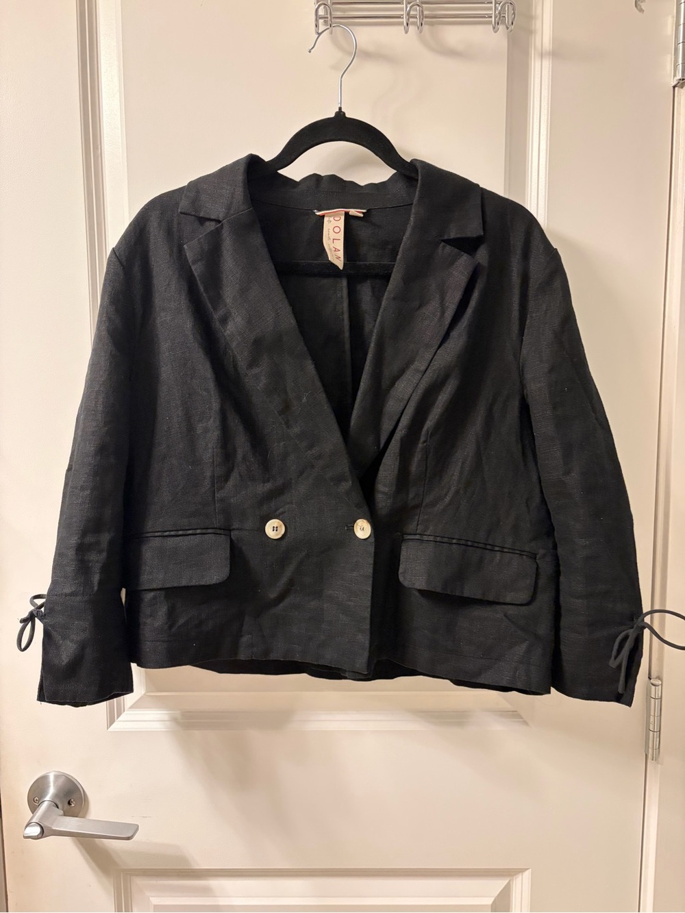 Dolan Black Cropped Linen-Blend Blazer with Sleeve Ties
